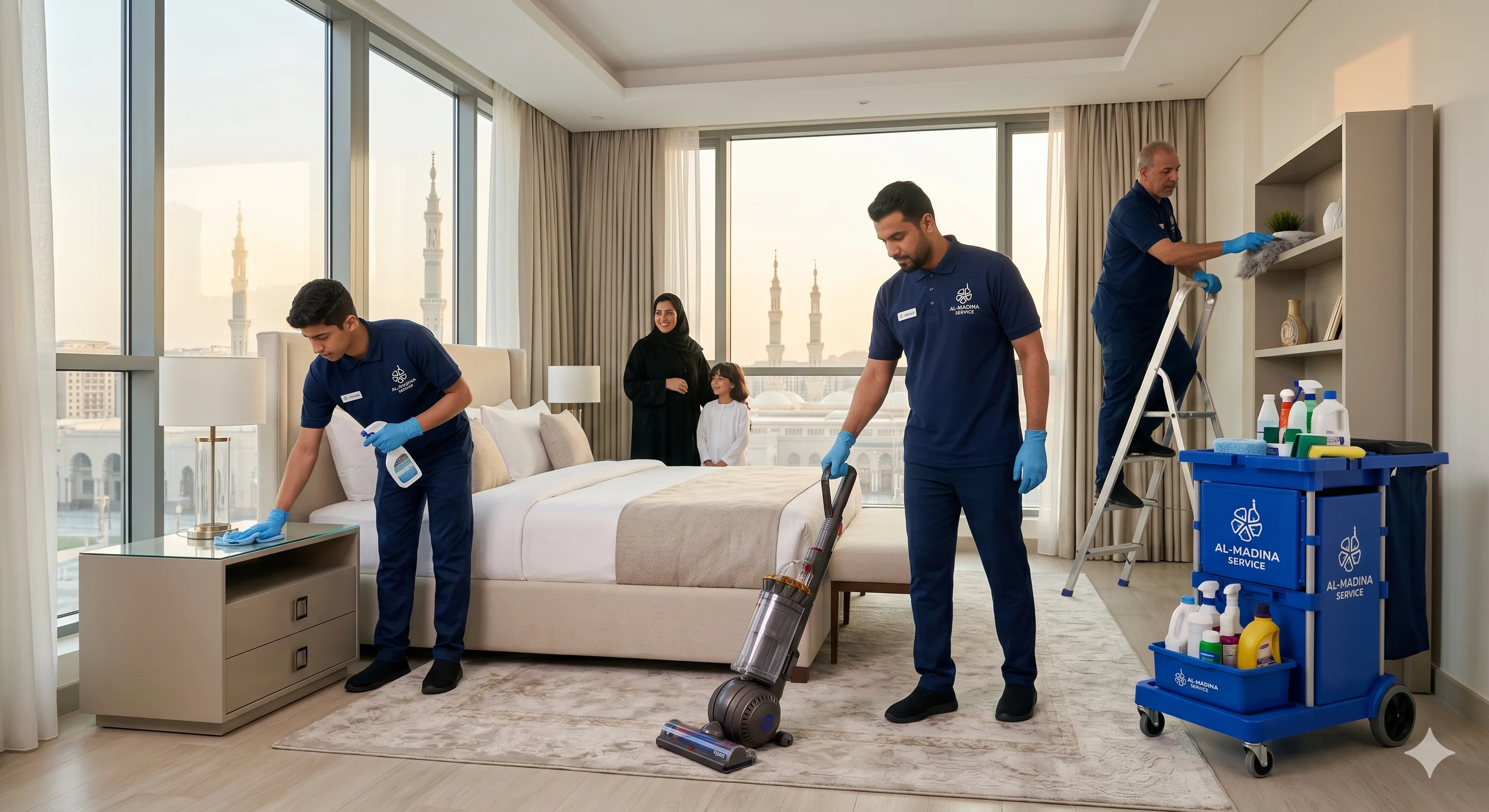 عمال شركة تنظيف بالمدينة المنورة أثناء العمل الاحترافي